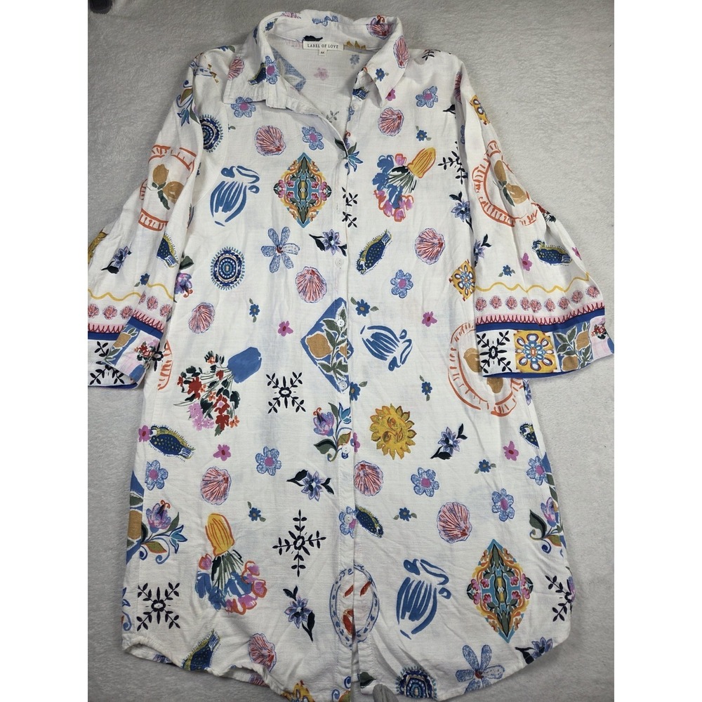Label of Love Shirt Dress Womens Medium White Floral Linen Button Front Boho